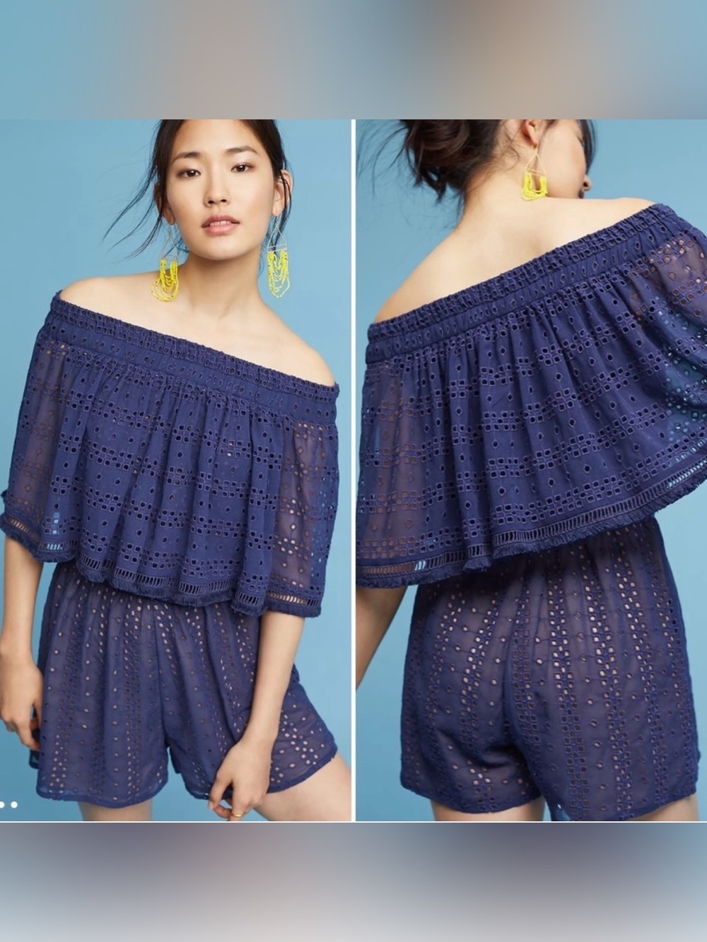 Ranna Gill anthropologie navy blue tiered eyelet off the shoulder romper small